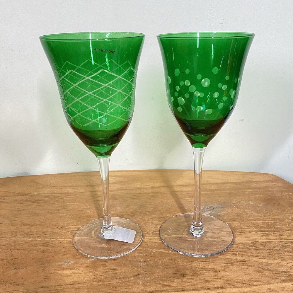Table Art 9" Green Long Stem Wine Goblets Glass w/ Clear Stem Dots & Cross Lines